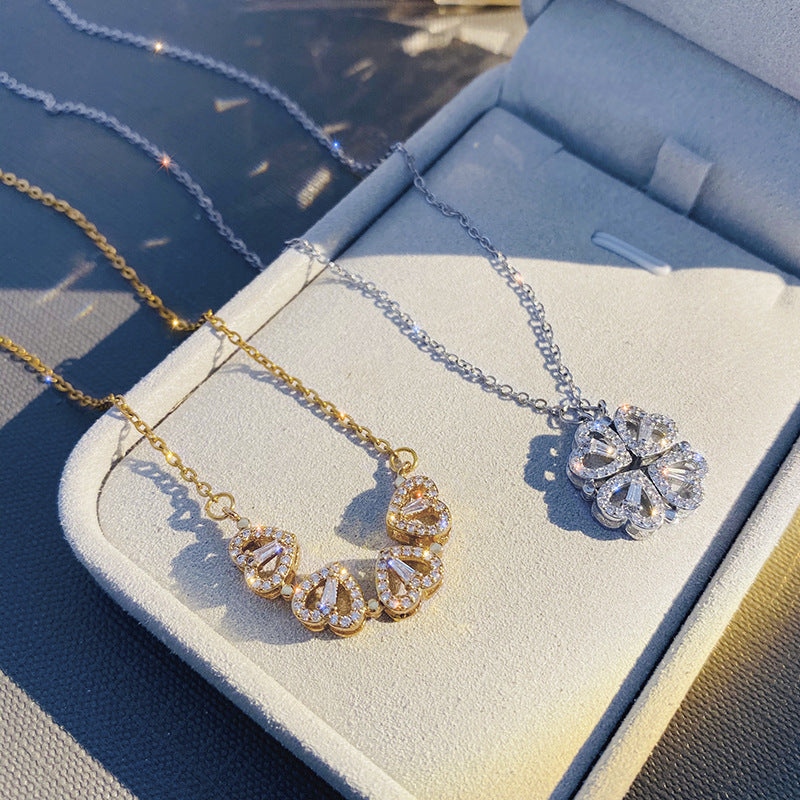 Gold heart four leaf clover pendant clavicle chain necklace